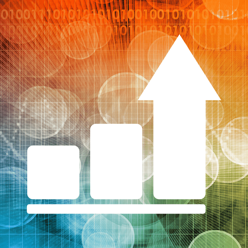 bar chart with arrow pointing up.