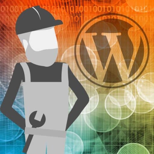 A man with a wrench in his belt standing next to the WordPress icon.